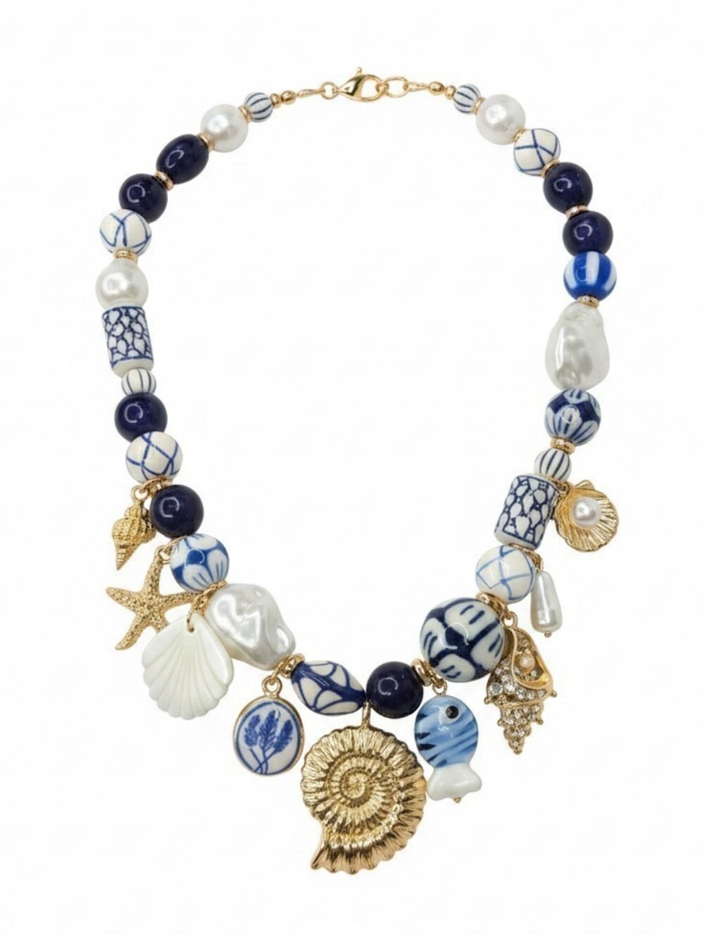 ๐โช๏ธPiper Kโช๏ธ Navy Blue White Natural shell Glass Pearl Charm Statement Necklace
